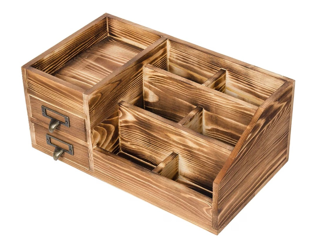 Custom Hand Carved Rustic Wooden Desktop Organizer