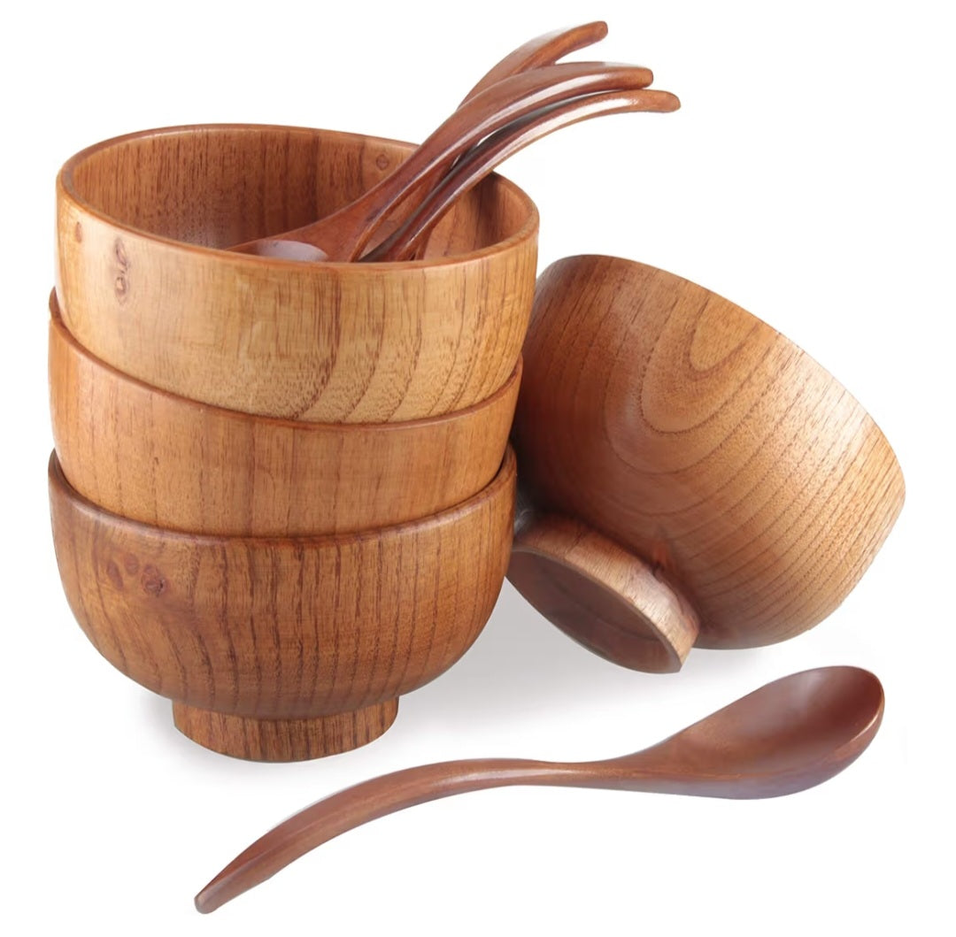 Custom Hand Carved Japanese Wooden Bowl & Spoon Set (4 Bowls + 4 Spoons)