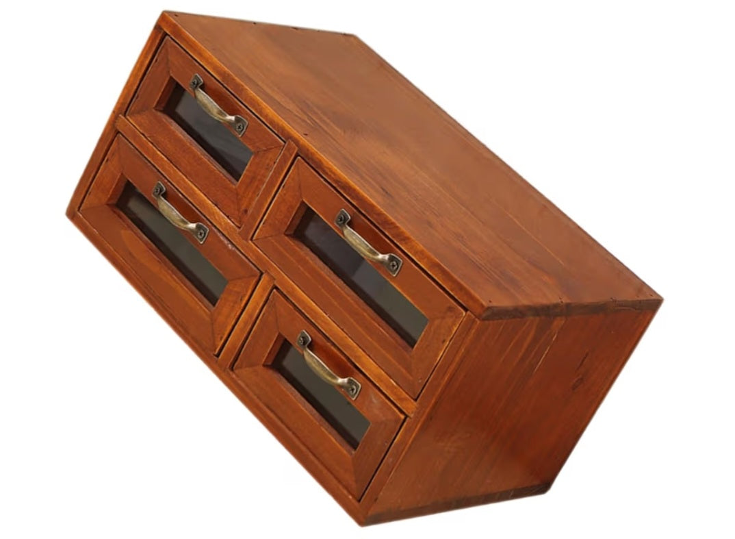 Custom Hand Carved Vintage Wooden Desk Organizer with 4 Drawers
