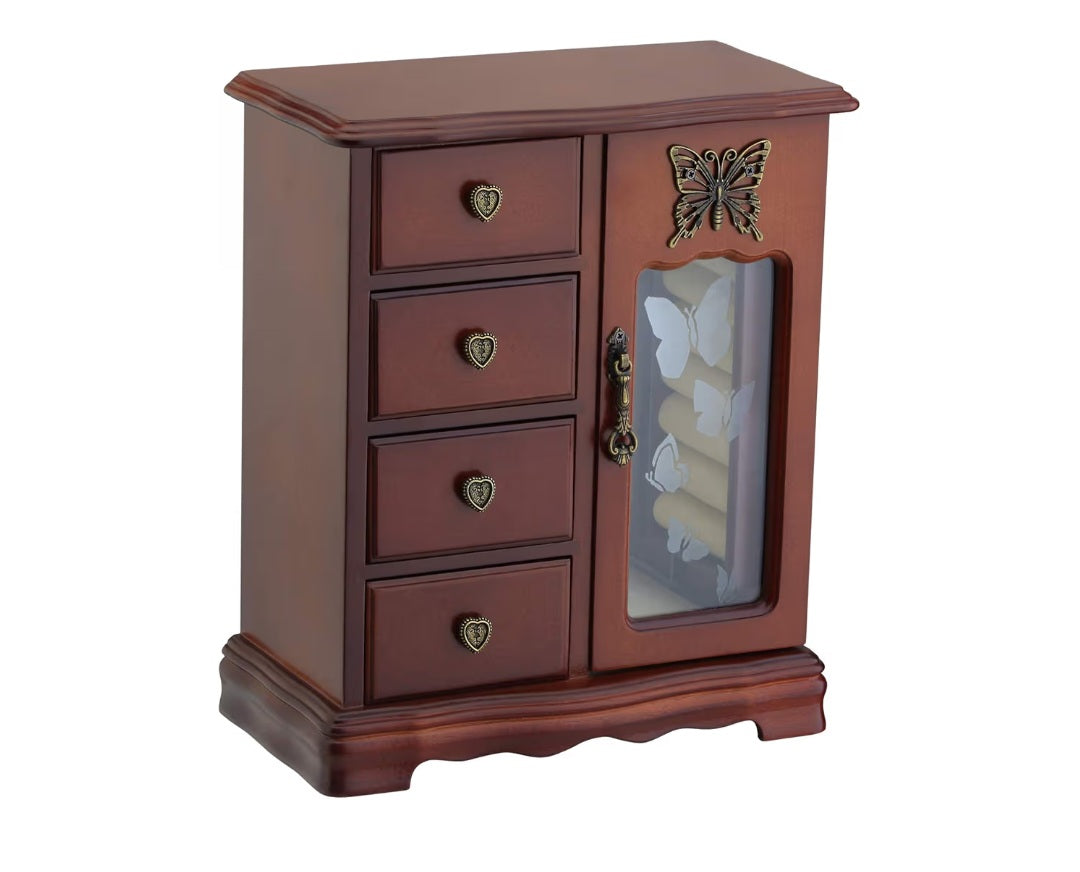 Custom Hand Carved Vintage Wooden Jewelry Armoire with Butterfly Glass Door & 4 Drawers