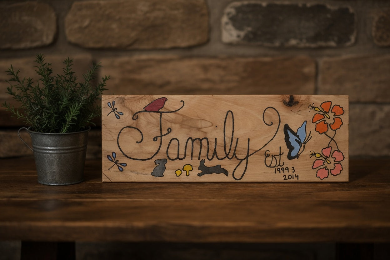 Custom Family Established Hand Carved & Painted Wood Sign