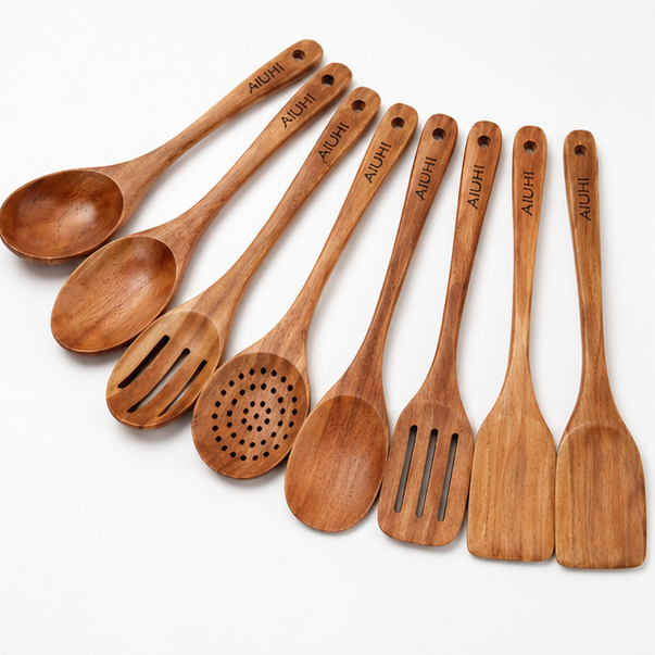 Custom Hand Engraved Teak Wood Spoon Set (8 Piece)