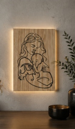 Mother & Child Line Art Hand Carved Wood Sign