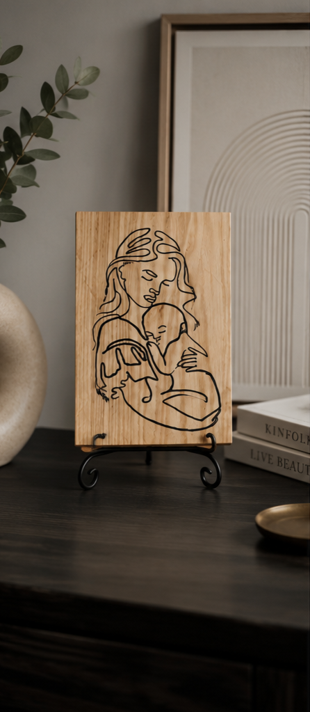 Mother & Child Line Art Hand Carved Wood Sign