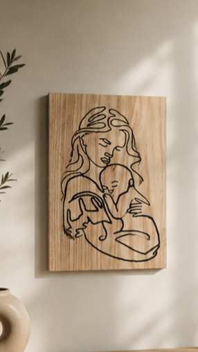Mother & Child Line Art Hand Carved Wood Sign